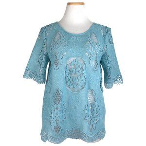 J.O.A. Blouse Blue Lace Cut Out NWT Nordstrom Short Sleeves Women's Size Medium